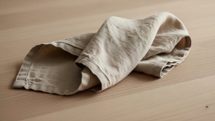 A crumpled beige cloth lies on a light brown wooden surface viewed from above