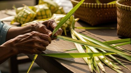Hands weaving green leaves into food parcels on a wooden table.