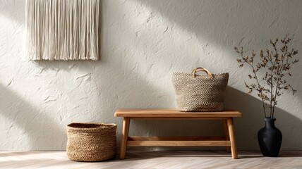 Scandi entryway with minimalist macram&eacute; tapestry, oak bench, woven basket, matte plaster wall, soft side light