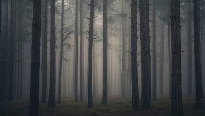 Fototapeta premium Misty pine forest morning light, foggy atmosphere, tall tree trunks, quiet mood