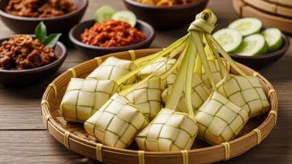 Rice cakes in woven baskets with side dishes and cucumber slices.
