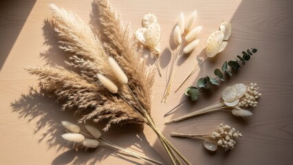Dried plants and flowers arranged on a beige surface with soft shadows