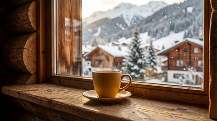 Warm cup of coffee on rustic wooden window sill overlooking a snowy alpine village and mountains. Cozy winter morning atmosphere with mountain chalets, snow-covered trees and peaceful holiday mood