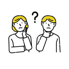 首を傾げて考える男女のイラスト｜疑問・質問・迷い・選択