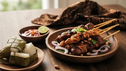 Grilled skewers with rice cakes and dipping sauce on a table.