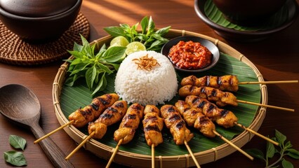 Grilled meat skewers with rice lime and chili paste