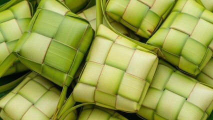 Woven green leaves form diamond shapes filled with rice.