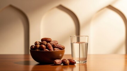 Bowl of dates and glass of water on wooden table