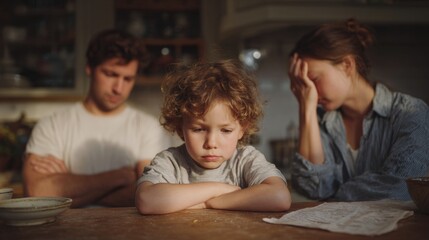 Young boy with curly hair sitting at a kitchen table with his parents. the boy is looking at the camera with a sad expression on his face.