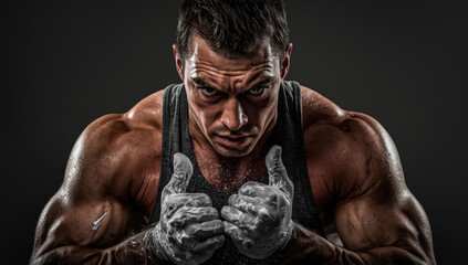 Muscular male athlete with chalked hands giving thumbs up and intense expression