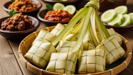 Rice cakes wrapped in leaves served with side dishes and cucumber.