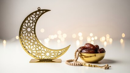 Golden crescent moon decoration dates and prayer beads on white surface