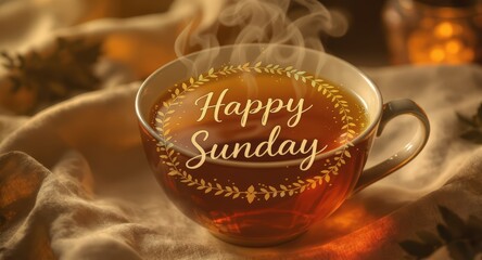 Steaming Coffee Cup with Happy Sunday Message Warm Cozy Indoor Setting