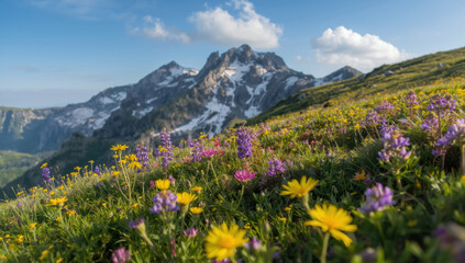 Alpine meadow wildflower field with colorful spring blooms and distant snowcapped mountain peak