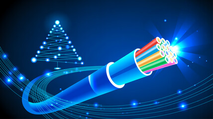 A digital illustration of a fiber optic cable with a colorful bundle of glass fibers emerging from its end against a deep blue backgroun
