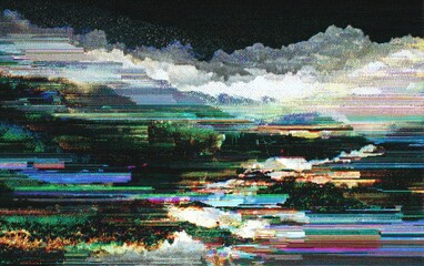 Abstract landscape with horizontal lines creating glitch effect; sky, trees, water reflections