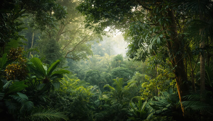 Obraz premium Lush tropical rainforest canopy with misty sunlight and dense green foliage