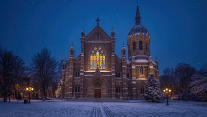 Fototapeta premium Snowy evening cathedral with glowing stained glass and warm lamps