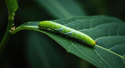 A plump green caterpillar slowly crawls across a large textured leaf, searching for tender food in the vibrant garden environment ,green ,spring ,growth