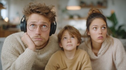 Obraz premium Family of three - a man, a woman and a young boy - sitting on a couch in a living room.