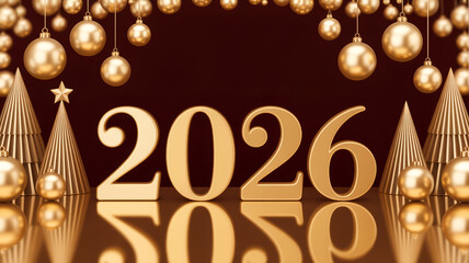 A festive New Year's Eve composition featuring the number 2026 in large metallic gold 3D numerals against a dark burgundy backgroun