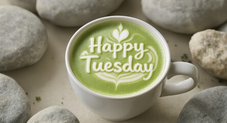Green Matcha Latte in White Mug with Happy Tuesday Message Surrounded by Smooth Stones