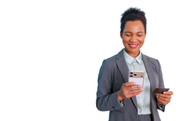 Professional woman smiling, making an online purchase using a smartphone and credit card, transparent background