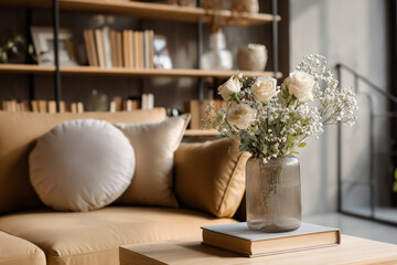 elegant interior scene with bouquet of cream roses and baby's breath in a ribbed glass vase on a stack of books near a plush sofa and wooden shelves filled with books