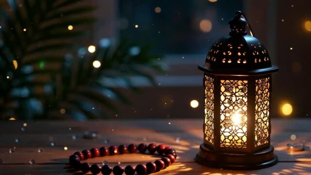 Traditional Arabic Lantern with Tasbih Prayer Beads in Atmospheric Night Setting