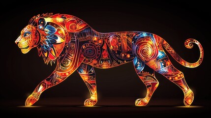 Colorful lion walking in a dark space with glowing patterns and designs showing art and creativity