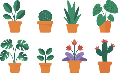 Fototapeta premium Vector Illustration Collection of Various Potted Houseplants Including Monstera Cactus and Succulents in Terracotta Pots for Interior Design and Indoor Gardening