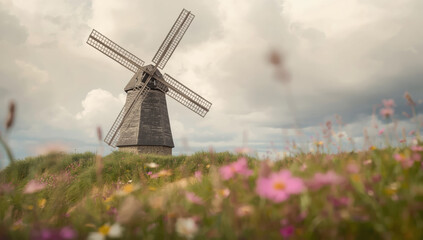 Obraz premium Rustic windmill on hill with wildflower meadow and cloudy sky