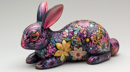 Beautifully painted rabbit figurine with colorful flowers and patterns displayed on a neutral background in a well-lit setting