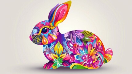 Colorful rabbit design with floral patterns in bright colors on a light background