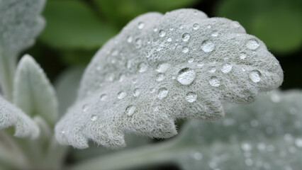 The fuzzy details of a Lamb's Ear (Stachys byzantina) leaf, with water droplets.