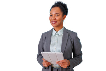 Confident businesswoman smiling, holding a tablet, representing professional growth and digital innovation, transparent background