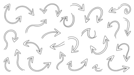 A hand drawn arrow set featuring 20 expressive arrows in various directions and styles on white background for design and presentation