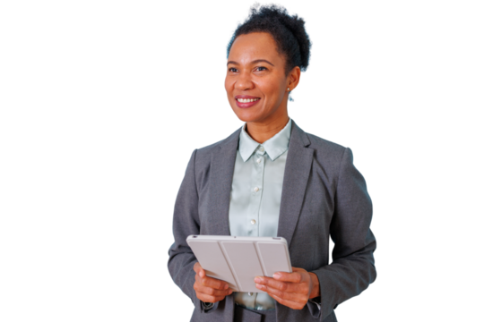 Confident businesswoman smiling, holding a tablet, representing professional growth and digital innovation, transparent background - Powered by Adobe