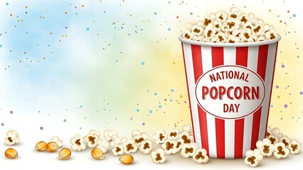 National Popcorn Day illustration with a red and white striped bucket and scattered popcorn