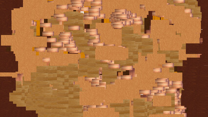Abstract 3D background of overlapping light brown wood planks with creative glitch texture effect.