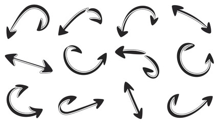 A modern collection of 10 geometric black arrows with varying curves and directions on white background for design and navigation purposes