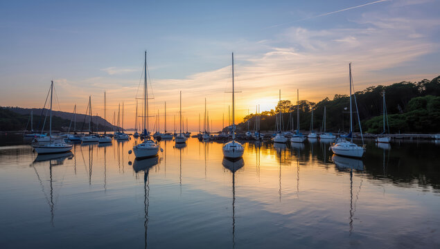 Serene sailboat harbor at sunrise with golden light reflecting on calm water