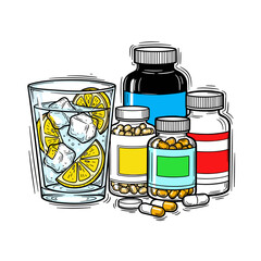 Supplements beside glass of lemon water with ice cubes and bottles  