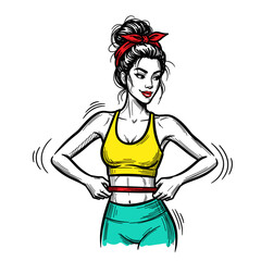 Woman tying hair before home workout in sporty attire and headband  