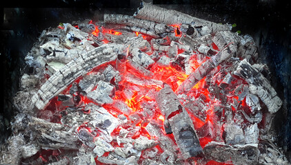 Burning coals in the fireplace, close-up, background