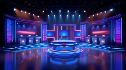 A brightly lit, futuristic studio stage with vibrant blue and pink neon lighting
