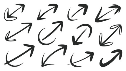 Collection of 10 ultra minimal black arrows pointing in various directions on white background for design and graphic resource use