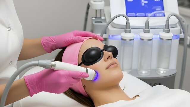 Woman receiving hydra facial laser treatment with blue LED light therapy in cosmetology clinic