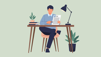 Modern professional individual reviewing CV at workspace with minimal decor and plants