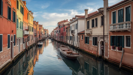 Obraz premium Serene narrow canal framed by colorful historic buildings with moored wooden boats